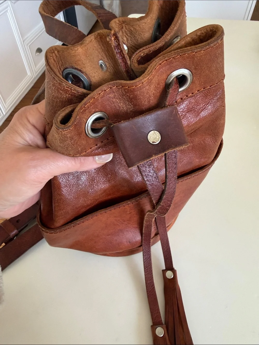 Vintage Brown Leather Drawstring Backpack - Picture 14 of 16